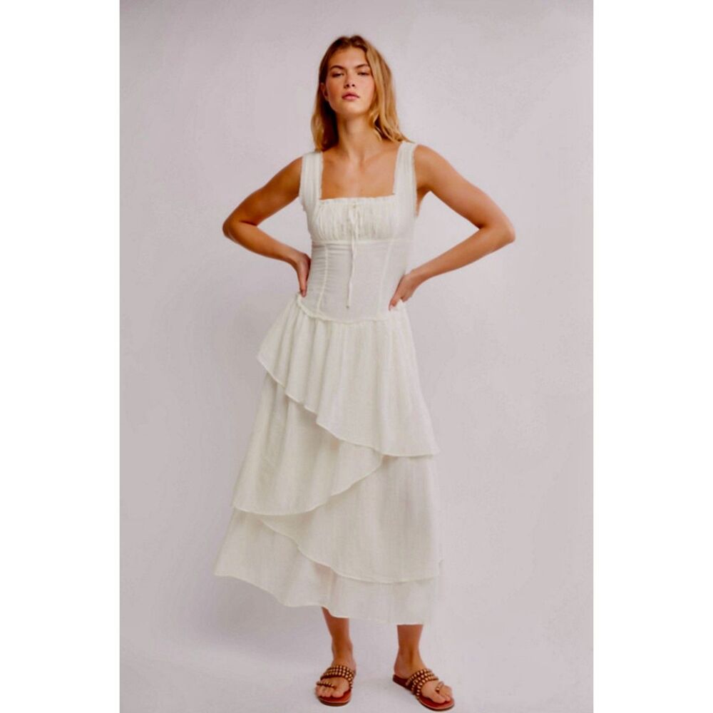 Free People In My Dreams Tiered Gauze Midi Dress Ivory Sz XL Ethereal Fairycore